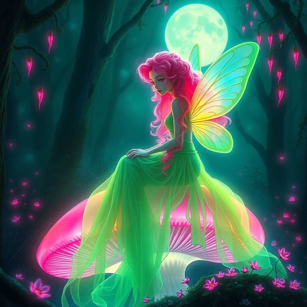 Fairy on Luminous Mushroom in Mystical Forest