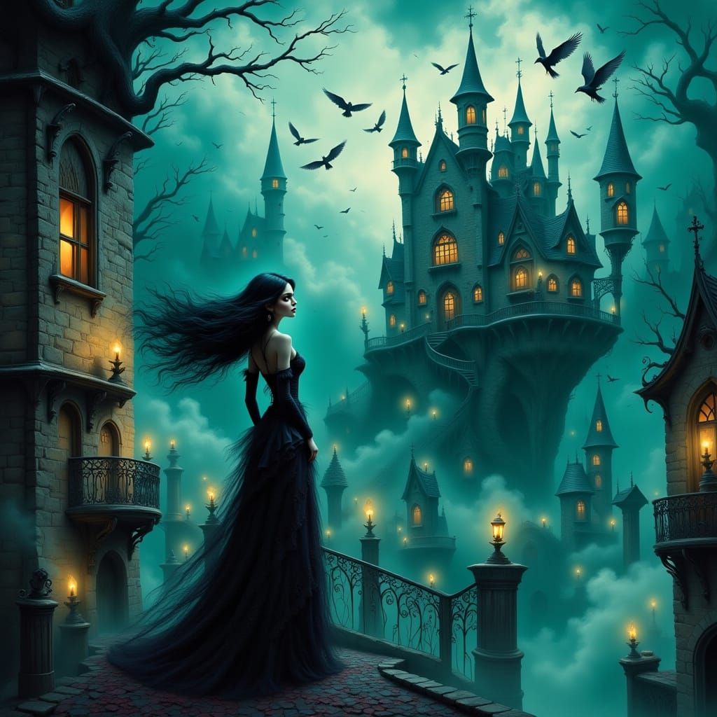 Gothic Castle Scene with Vampire and Crows