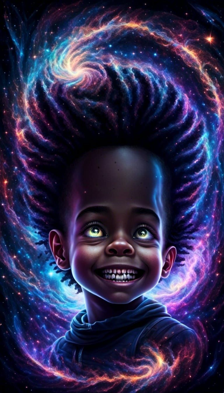 Eerie Glowing-Eyed Boy in Dark Outer Space