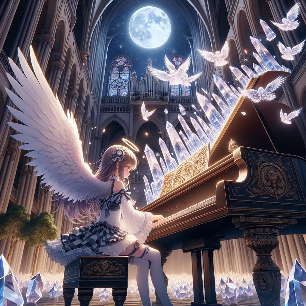 Anime Angel Plays Crystal Piano in Cathedral
