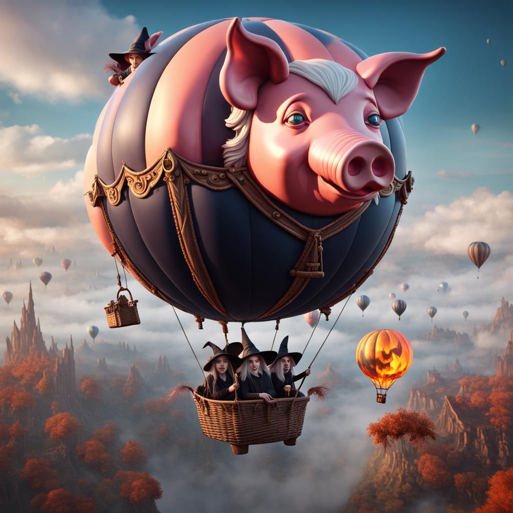 Whimsical Witches Travel on Pig Hot Air Balloon