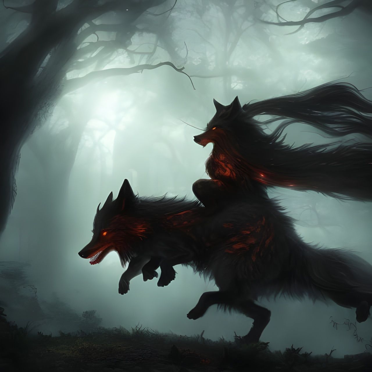 Wolf and Red Riding Hood in Glowing Forest