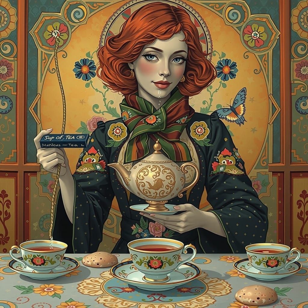 Whimsical Tea Queen in Gustav Klimt Style
