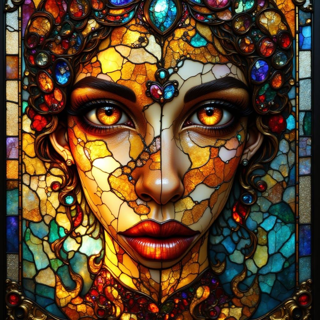 Woman Made of Stained Glass with Light Passing Through