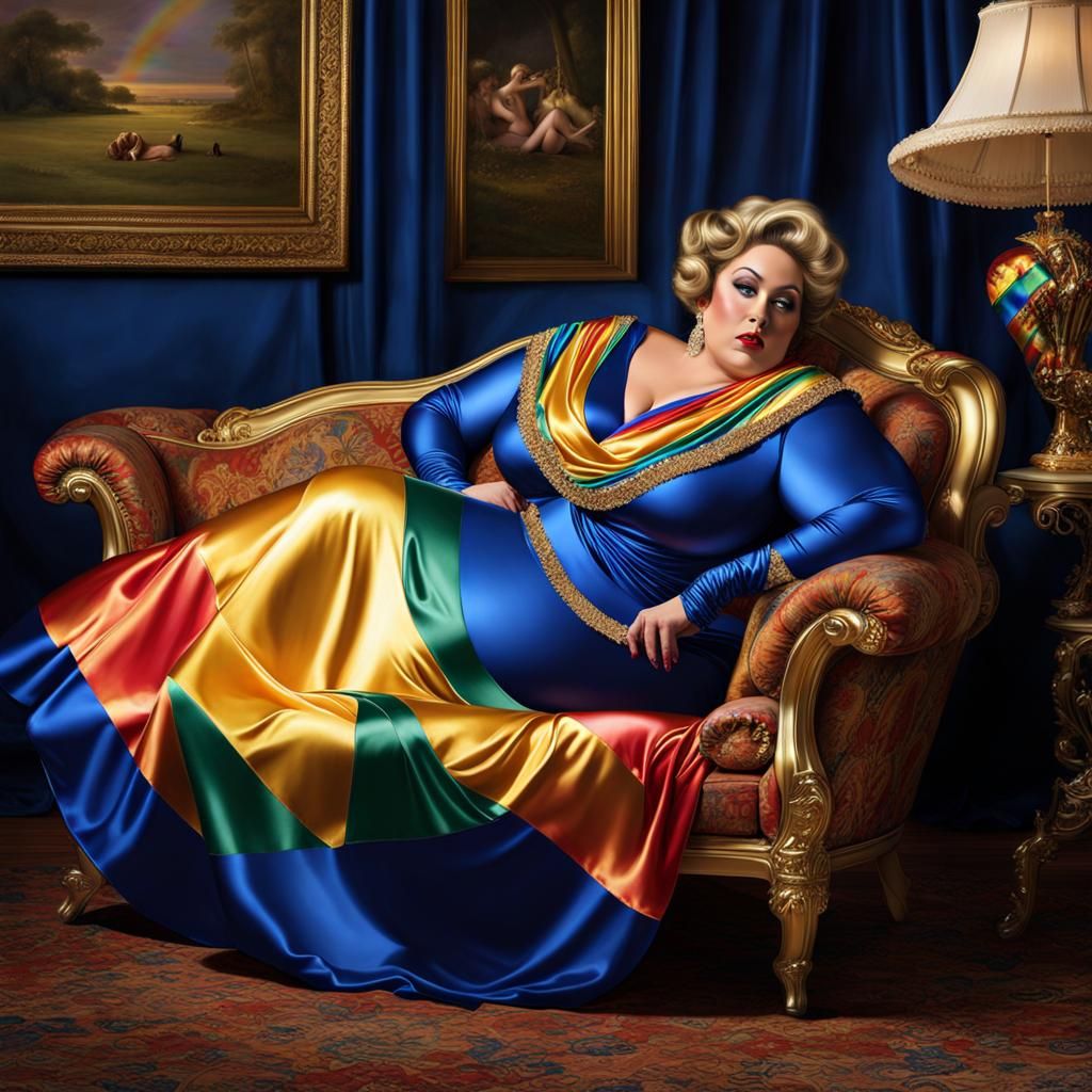 Realistic Artistic Sissy Satin Flamboyant Statuesque Glamorous Big Beautiful Woman BBW Woman relaxing supine on a Chaise...