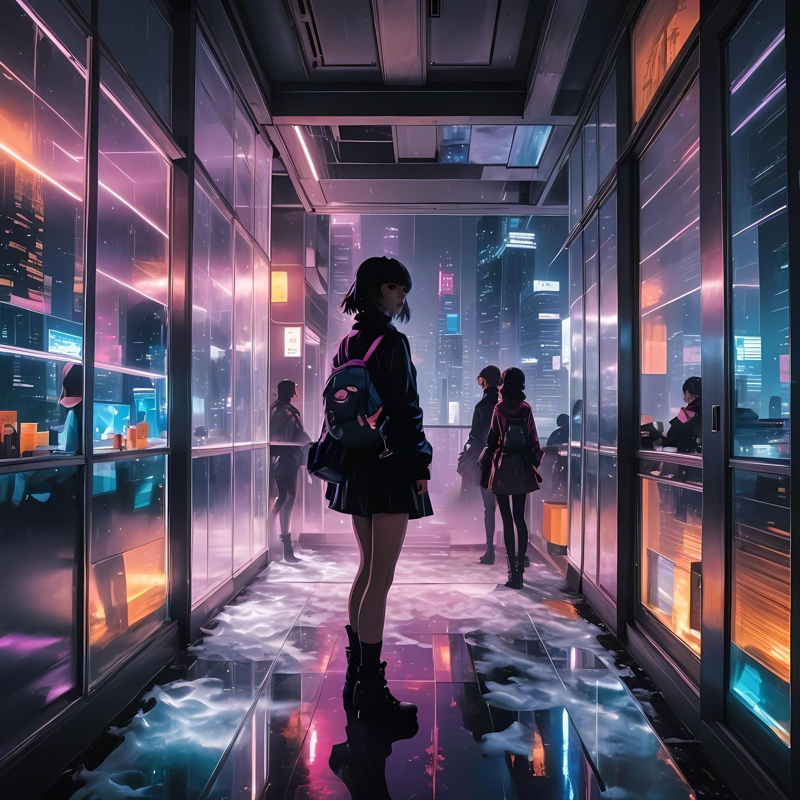 Anime Courier in Cyberpunk High-Rise Party