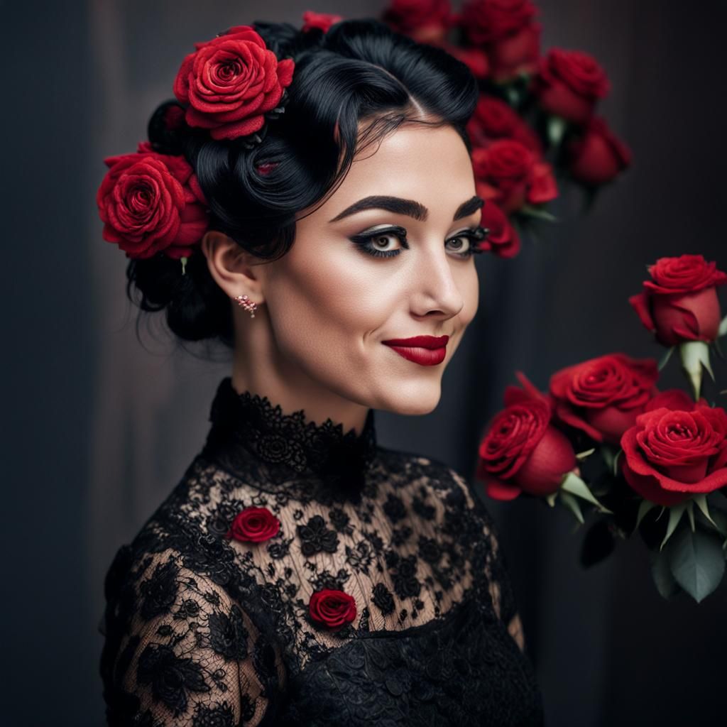 Elegant Woman in Lace Dress with Crimson Roses