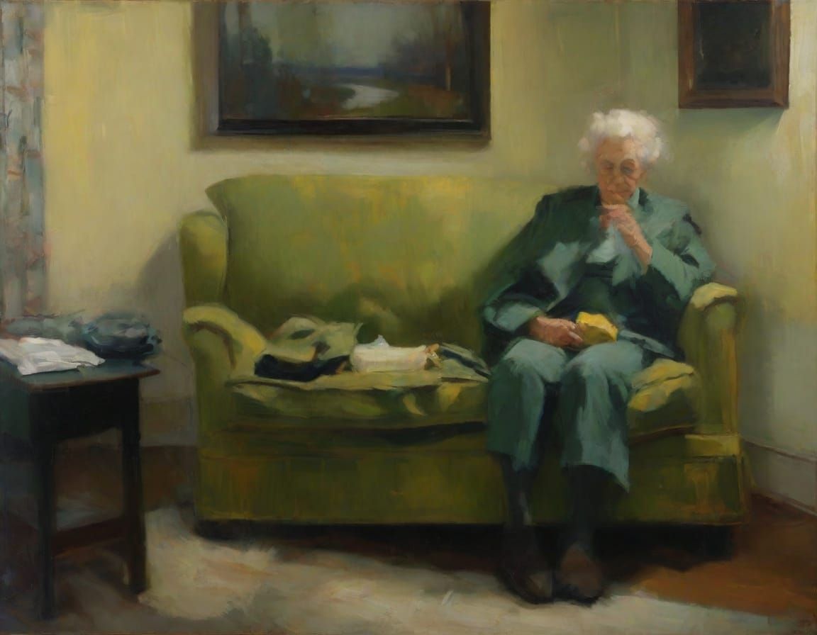 Grandmother Knitting: Tonalist Oil Painting with Heavy Brush...