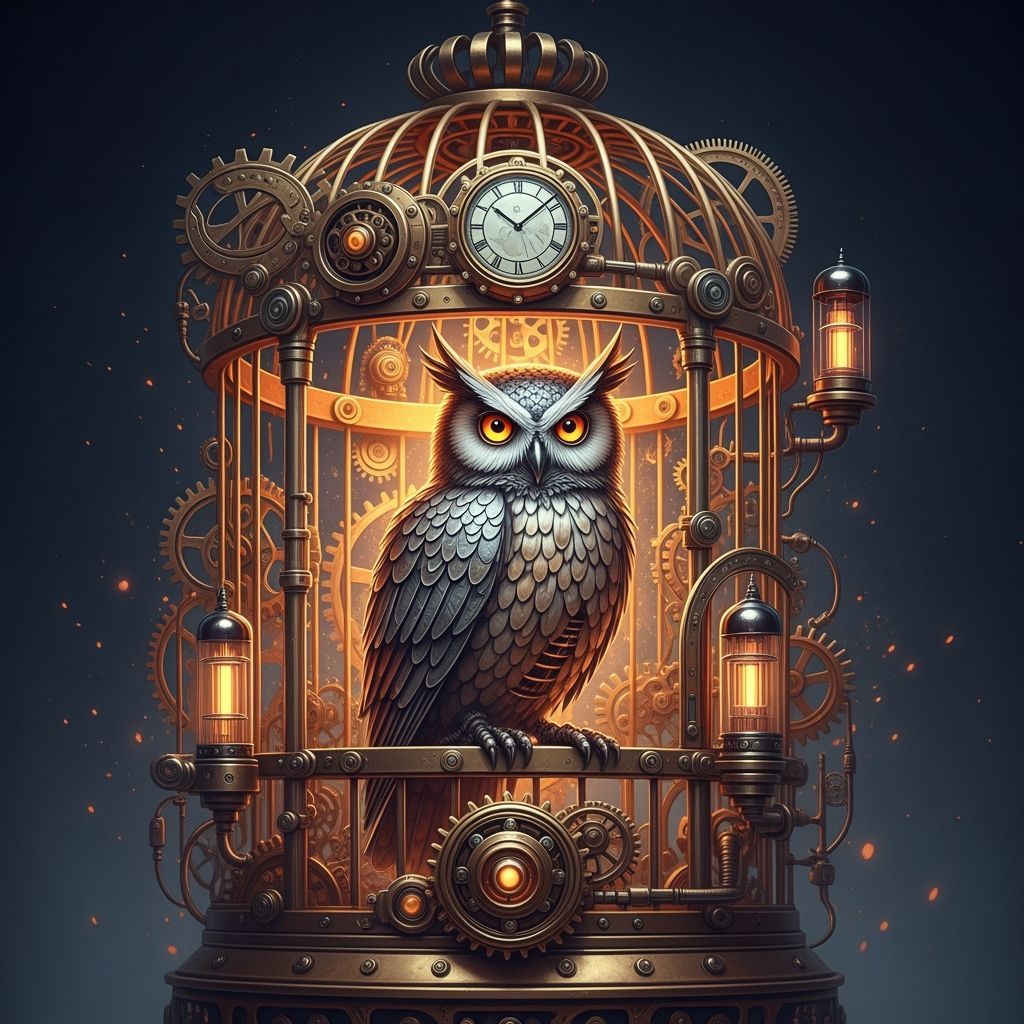 Steampunk Clockwork Owl in Ornate Brass Cage