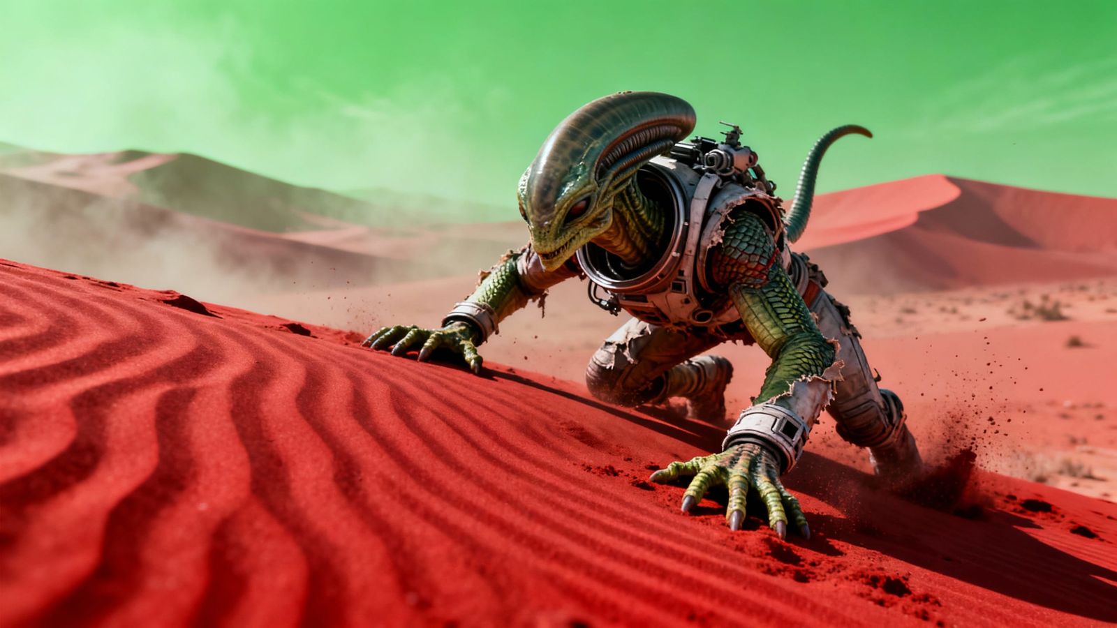 Alien Crawling on Red Desert Dune Under Green Sky