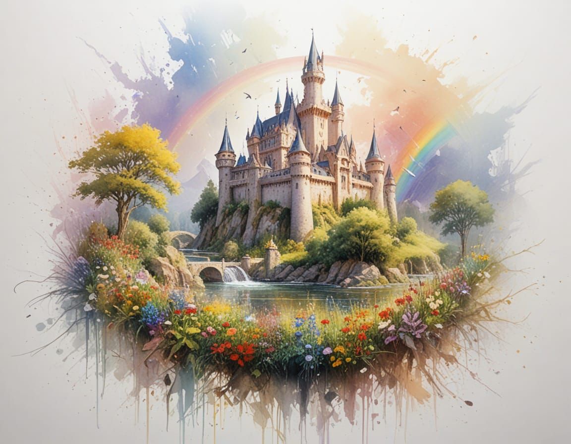 Rainbow Over Fairytale Castle in Sunlit River Garden