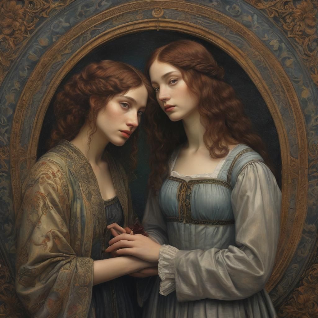 Portrait: Pre-Raphaelite MULTIRACIAL LESBIAN COUPLE, blackho...