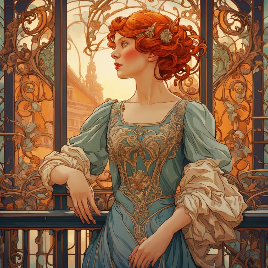 Art Nouveau Woman on Parisian Balcony