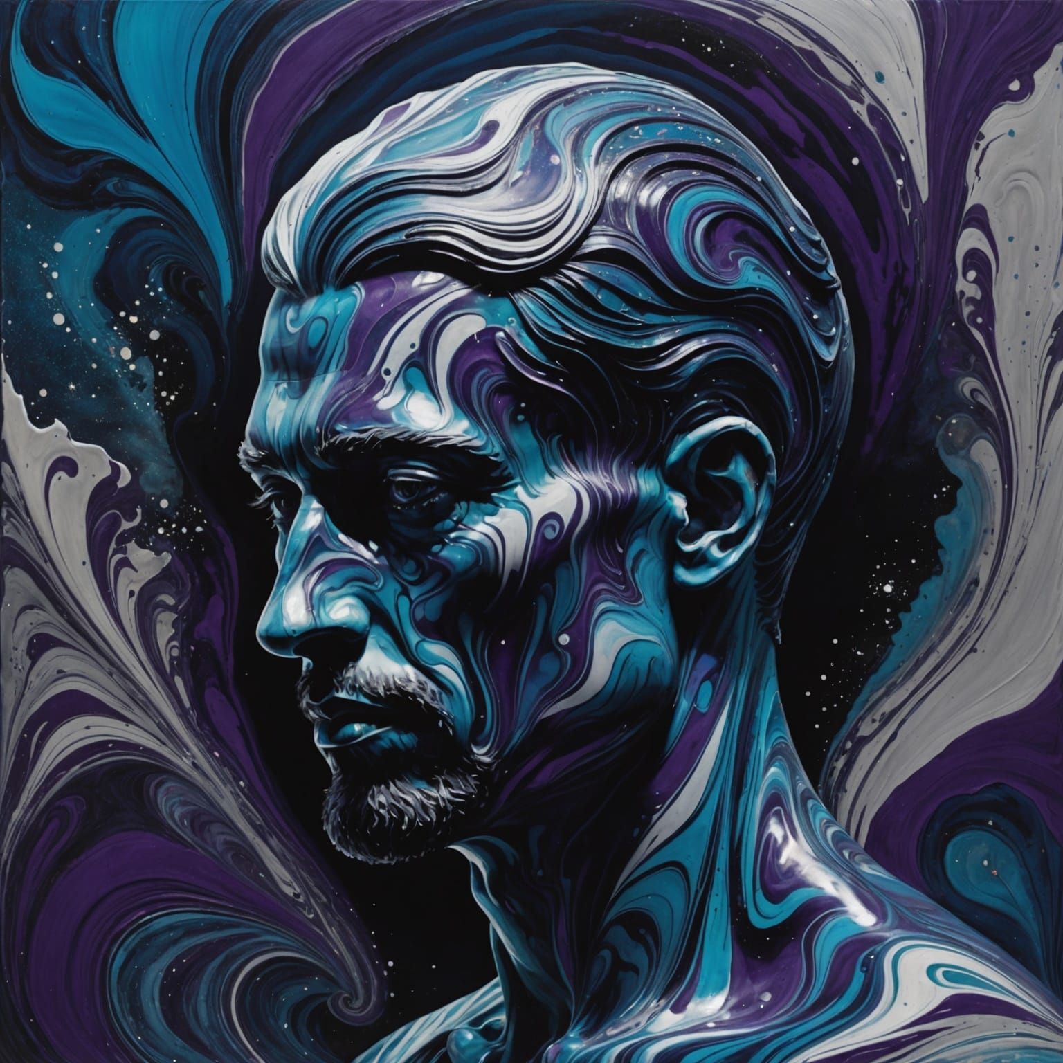 Surreal Marbled Man Dissolving into Cosmic Void