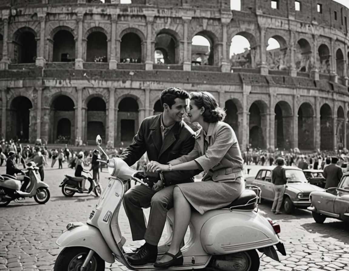 Lovers on Vespa near Colosseum: 1950s B&W Photo