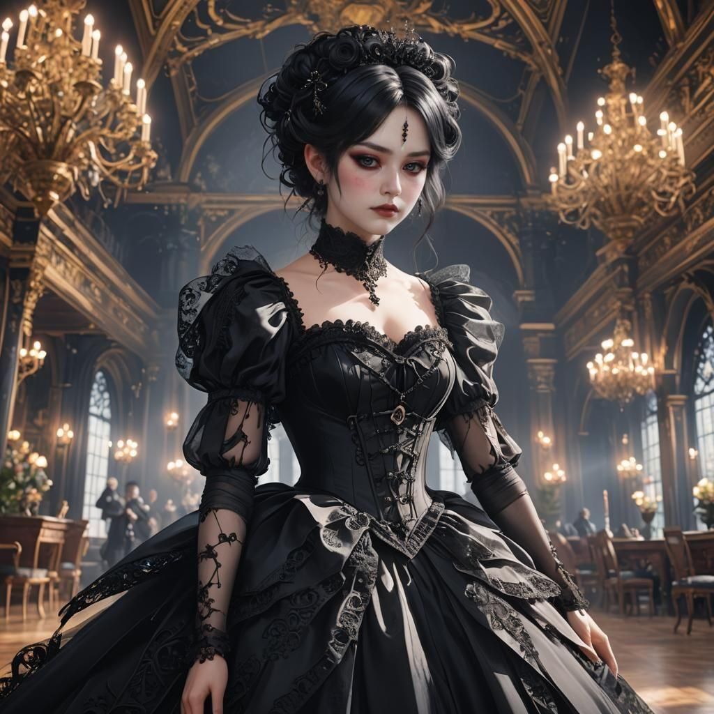 a goth queen in a fluffy ballroom dress