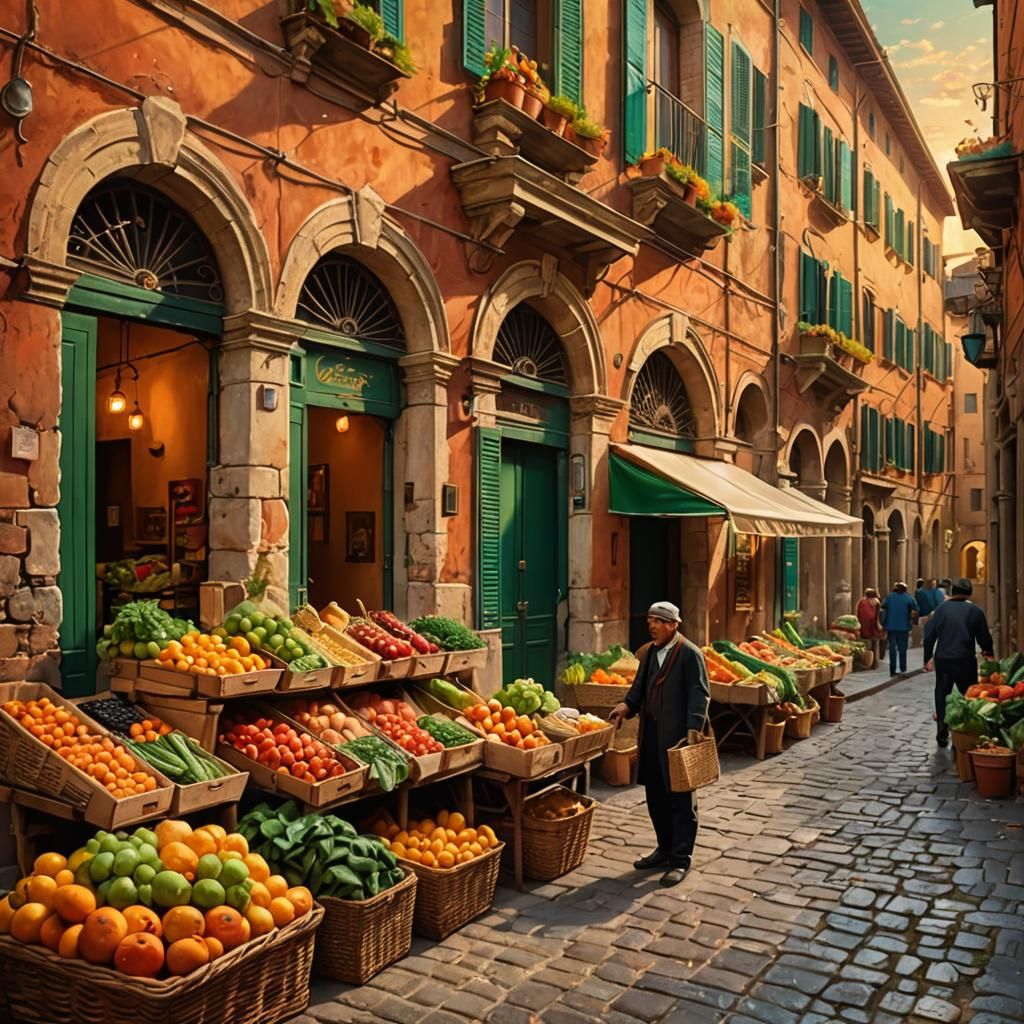 Italian Street Vendor in Renaissance Oil Painting