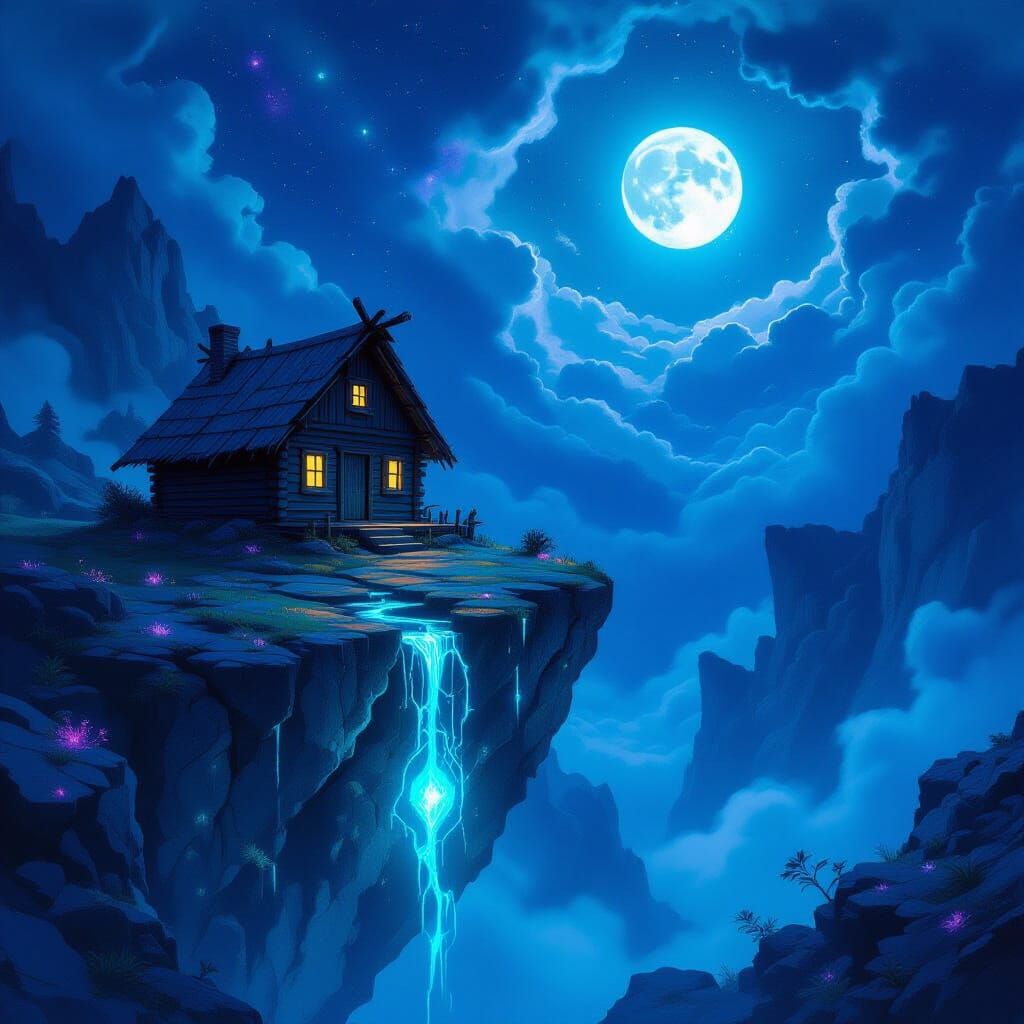 Cabin on Floating Island with Bioluminescent Chasm