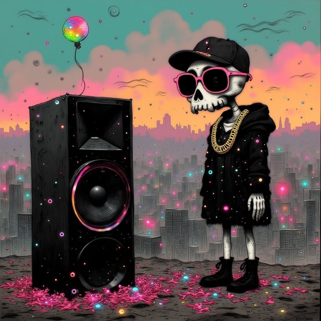 Tiny Skeleton Party Animal in Neon Cityscape
