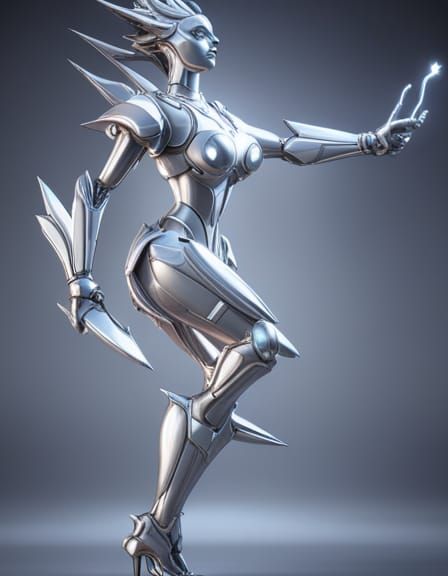 Silver Mecha Goddess in Cosmic Stardust: 3D Render