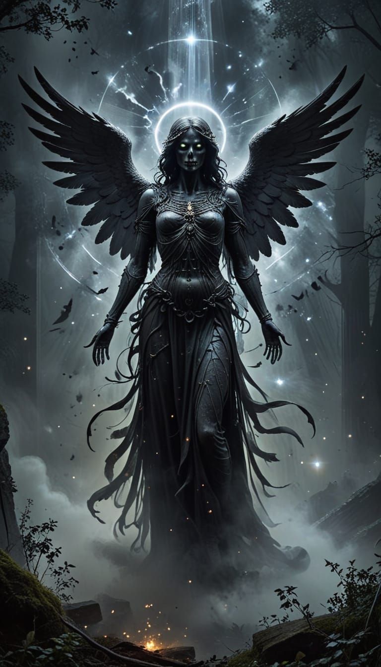 Angel of Death in Mystical Shadowy Wings Halo of Stars
