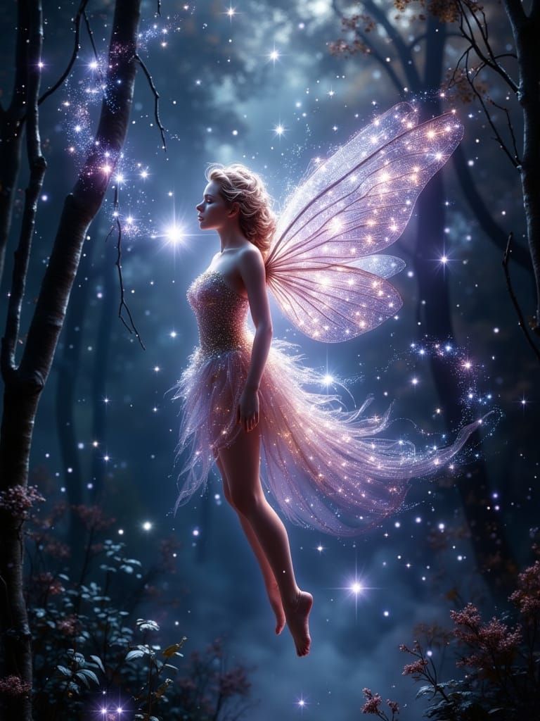 Ethereal Fairy with Smoky Quartz Wings in Mystical Forest