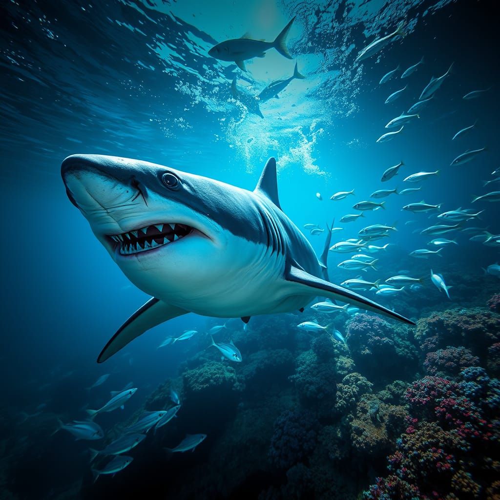 Majestic Great White Shark in Hyperrealistic Detail, Swimmin...