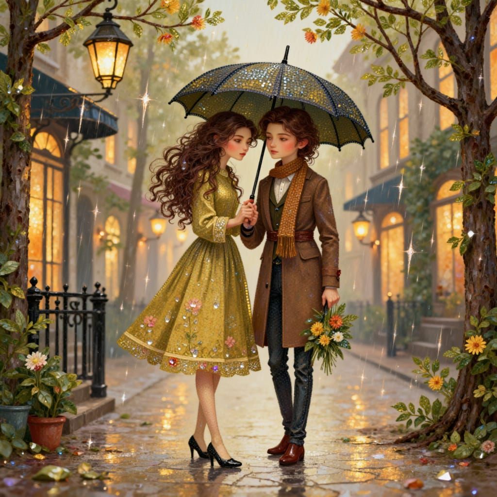 Whimsical Folk Art Couple Walking in Rain