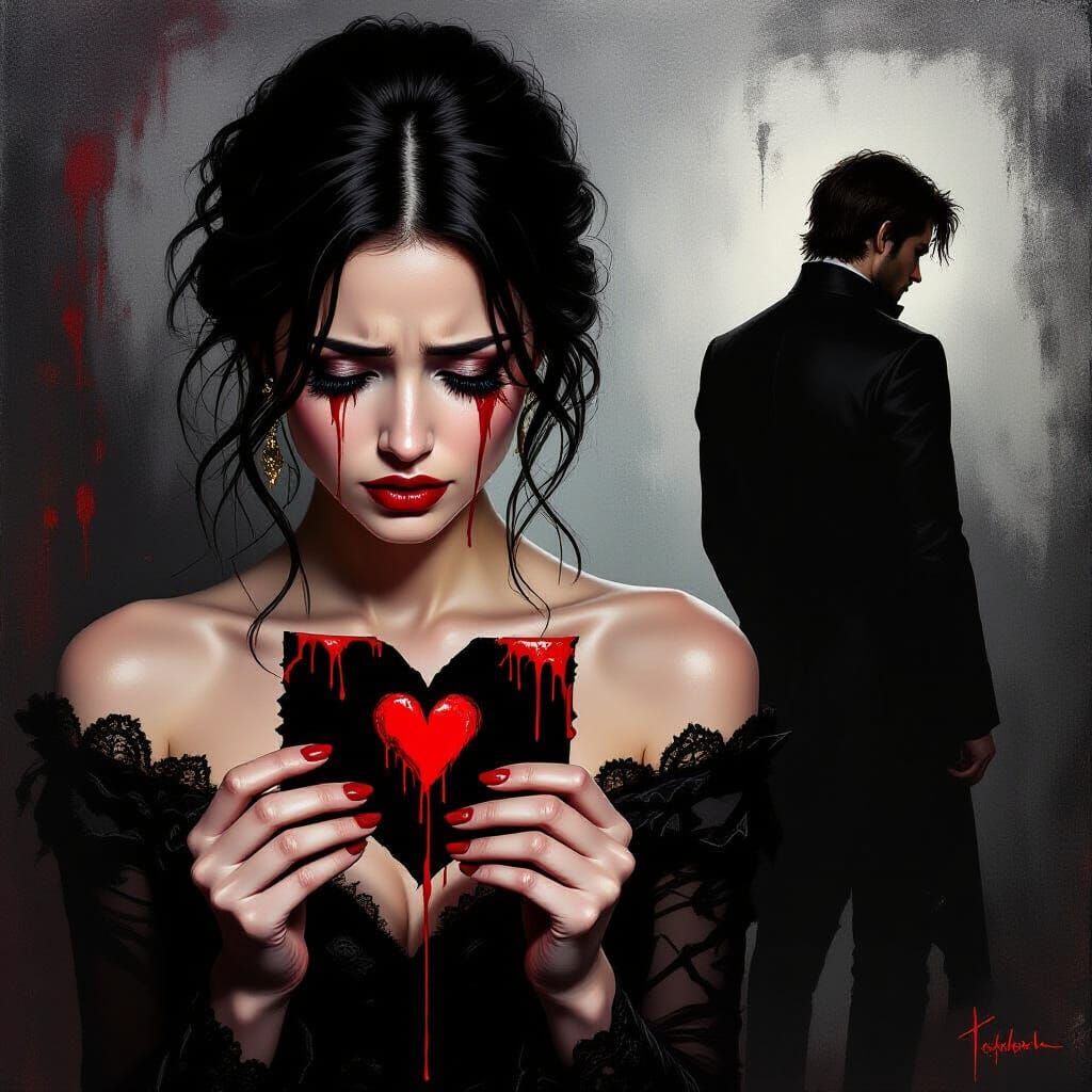 Heartbroken Woman Holds Torn Black Valentine, Lover Departs