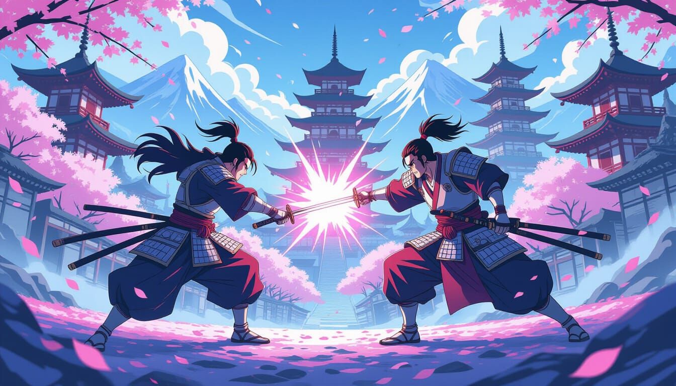 Anime Samurai Battle Amidst Cherry Blossoms