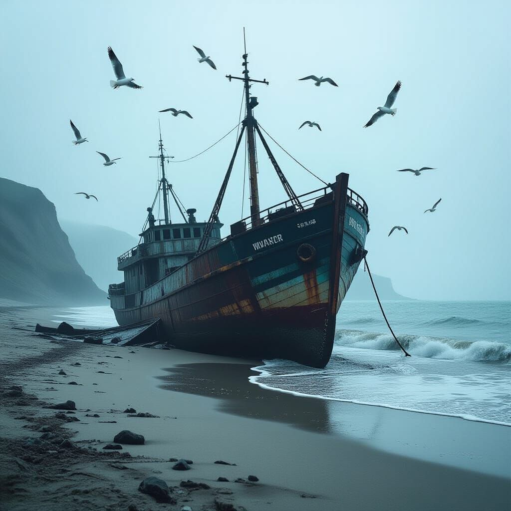 Desolate Shipwreck on Misty Beach, Cinematic Film Still