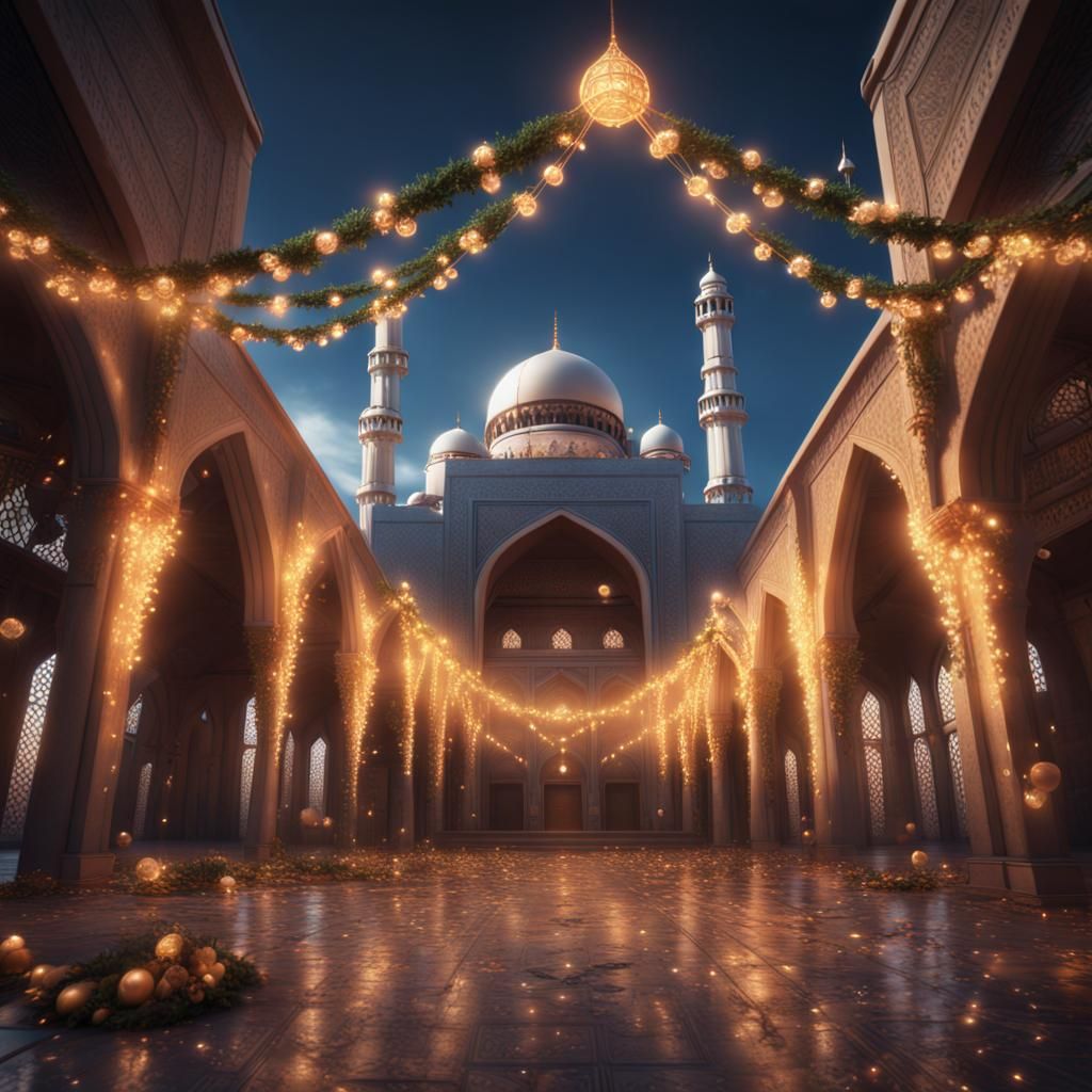 Hyperrealistic Mosque Celebration with Garland Lights