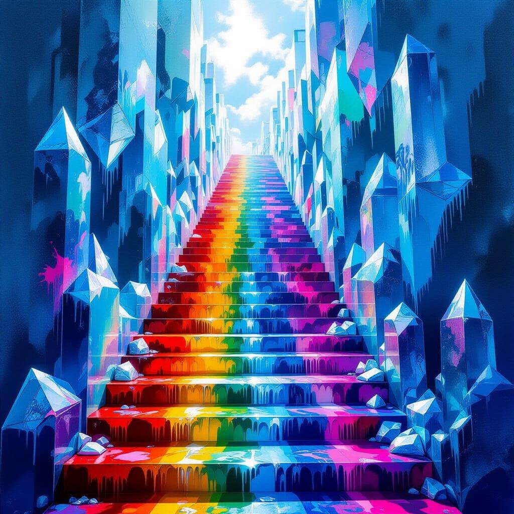 Infinite Crystal Staircase with Graffiti Art