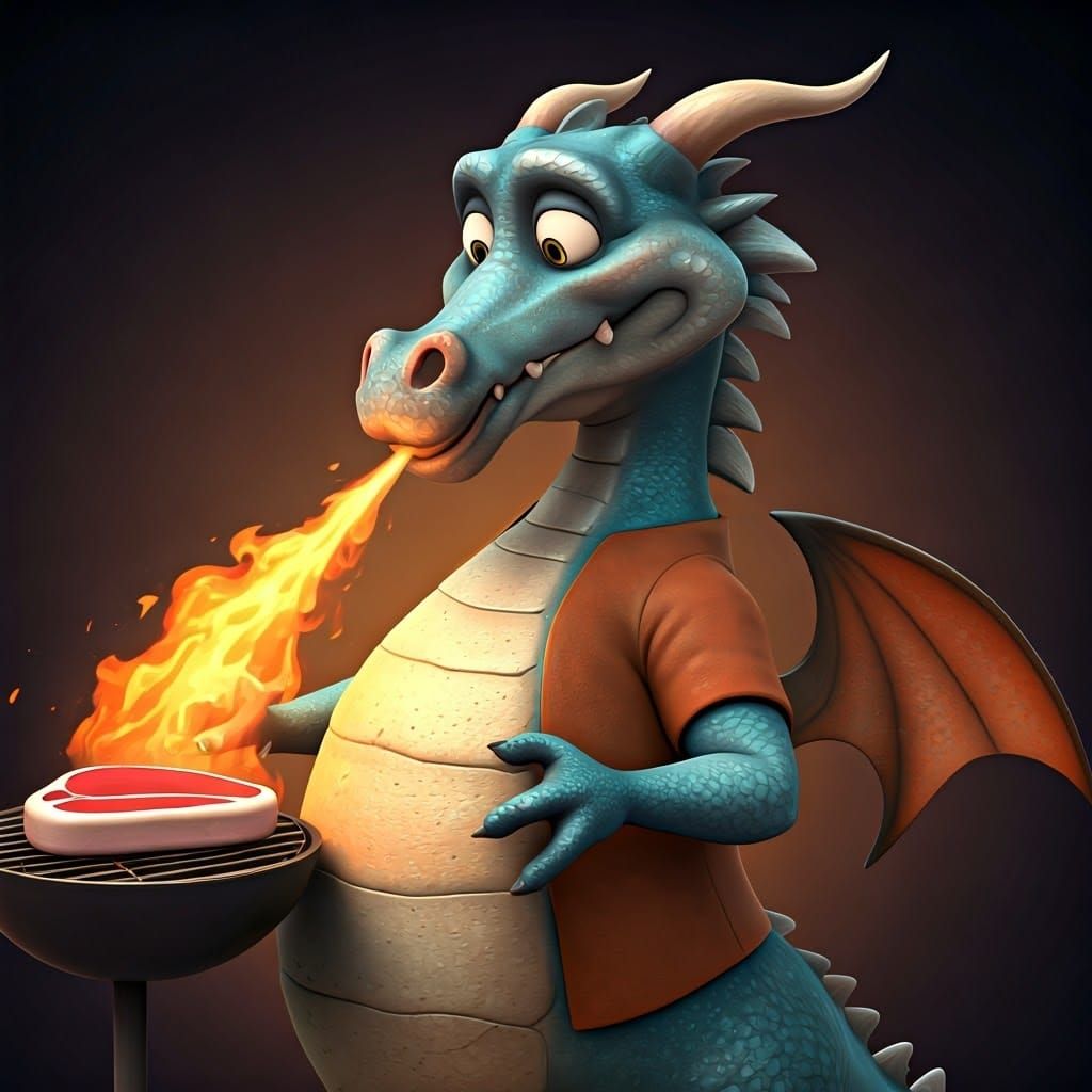 Friendly Dragon Chef Cooks with Fire, 3D Digital Art