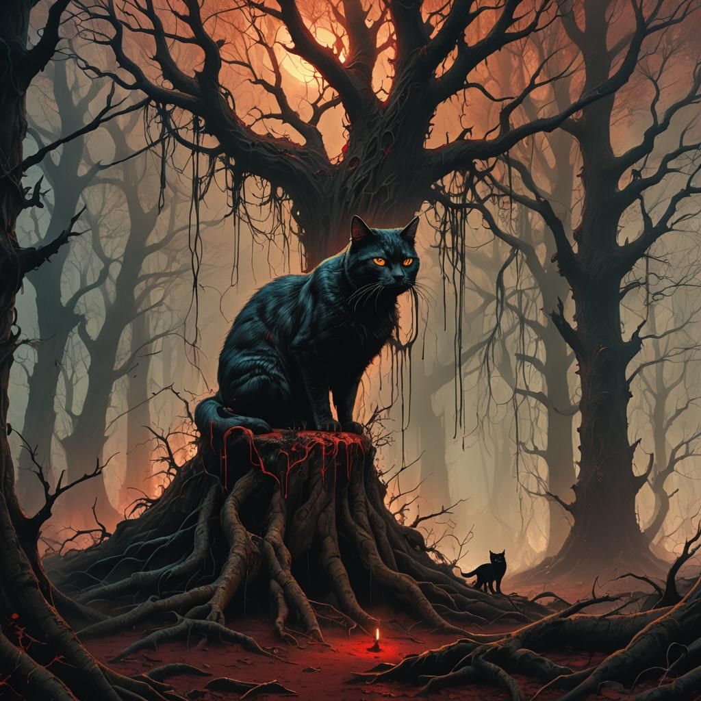 Mystical Forest: Tree Bleeding with Glowing Cat
