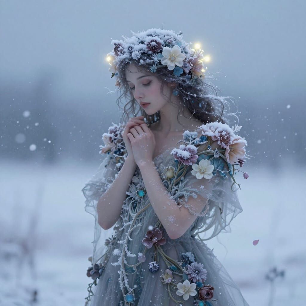 Ethereal Winter Muse in Frost and Florals