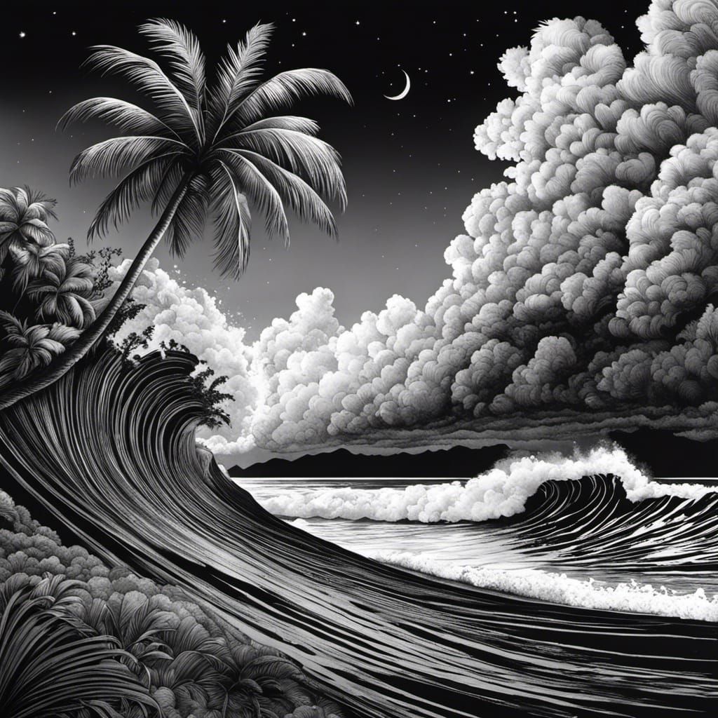 Tropical Island Palm Tree Ink Drawing