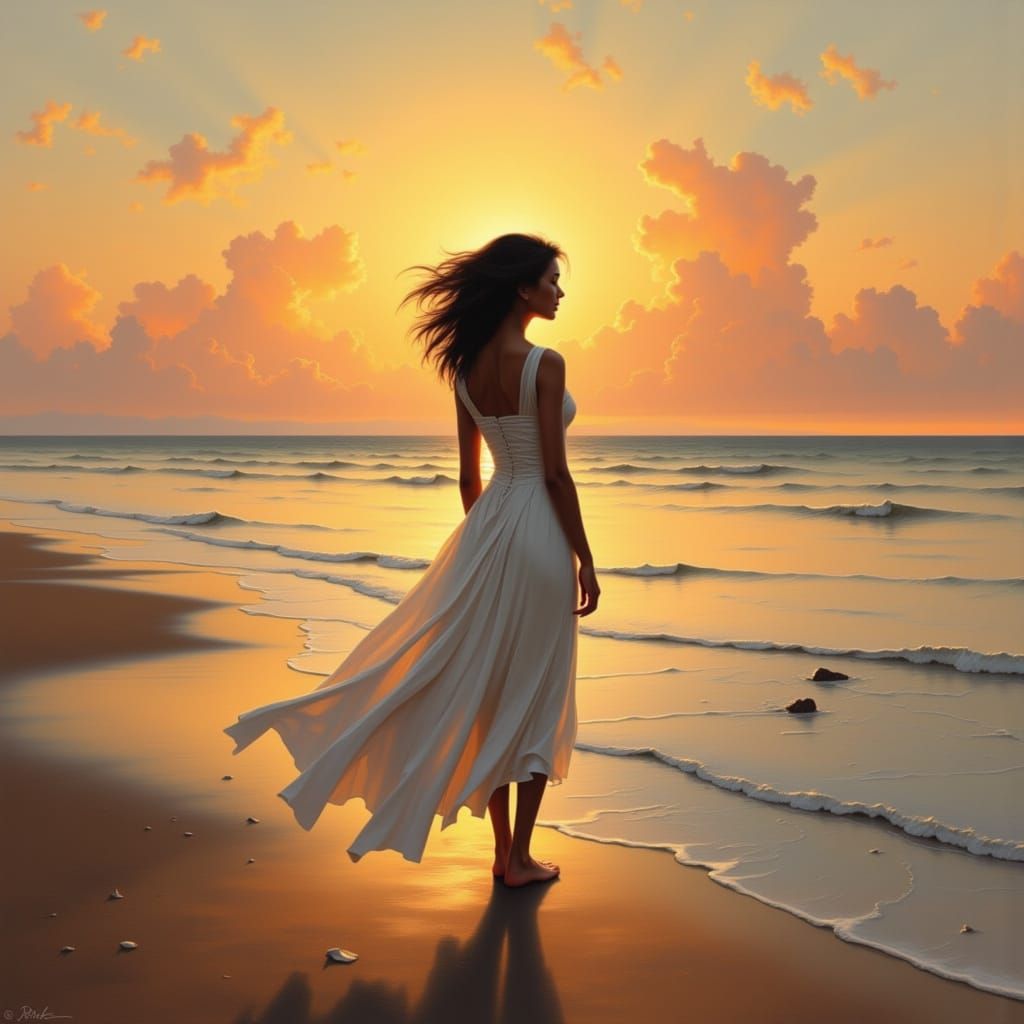 Woman in White on a Beach at Sunset