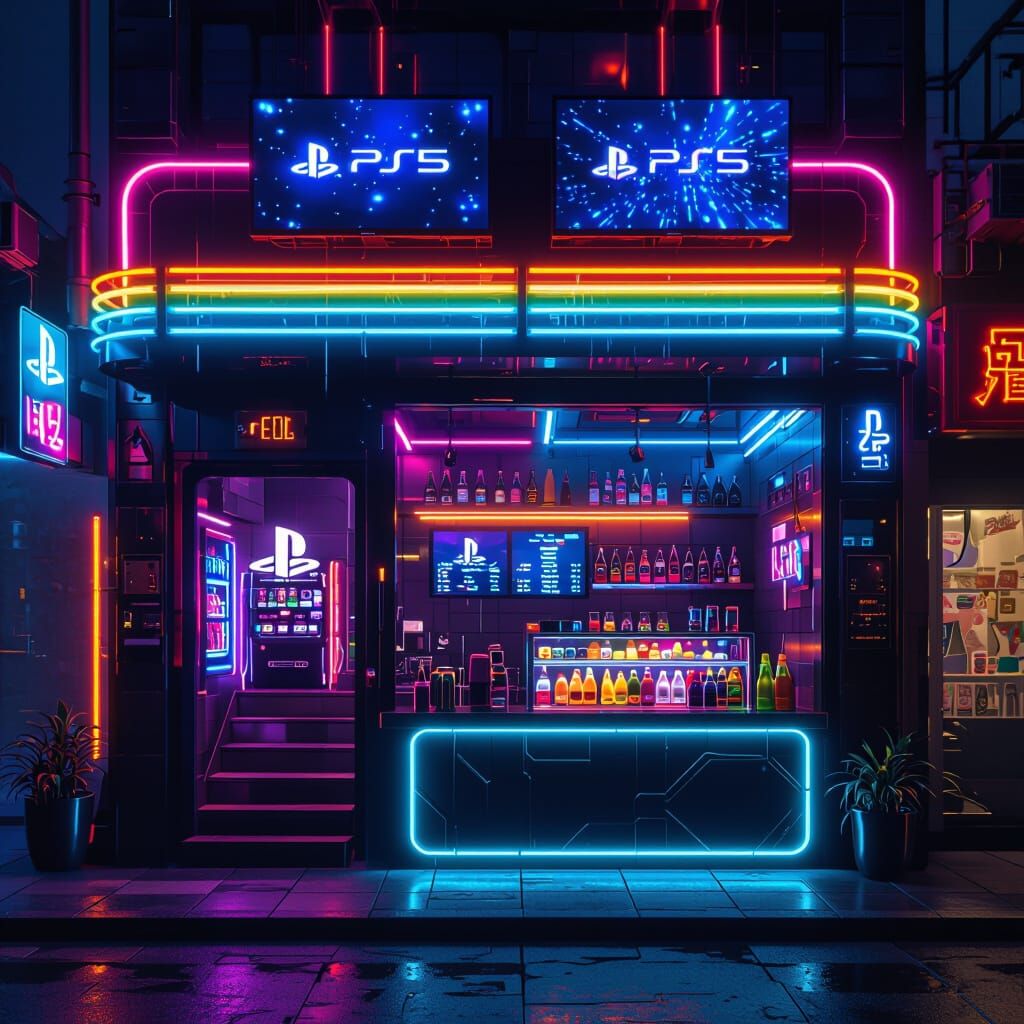 Futuristic Neon-Lit Gaming Cafe & Juice Bar at Night