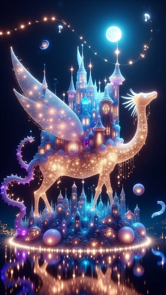 <lora:Fairy Lights:1.0> Surreal digital illustration of a dreamlike world, vibrant and ethereal, floating islands, iride...