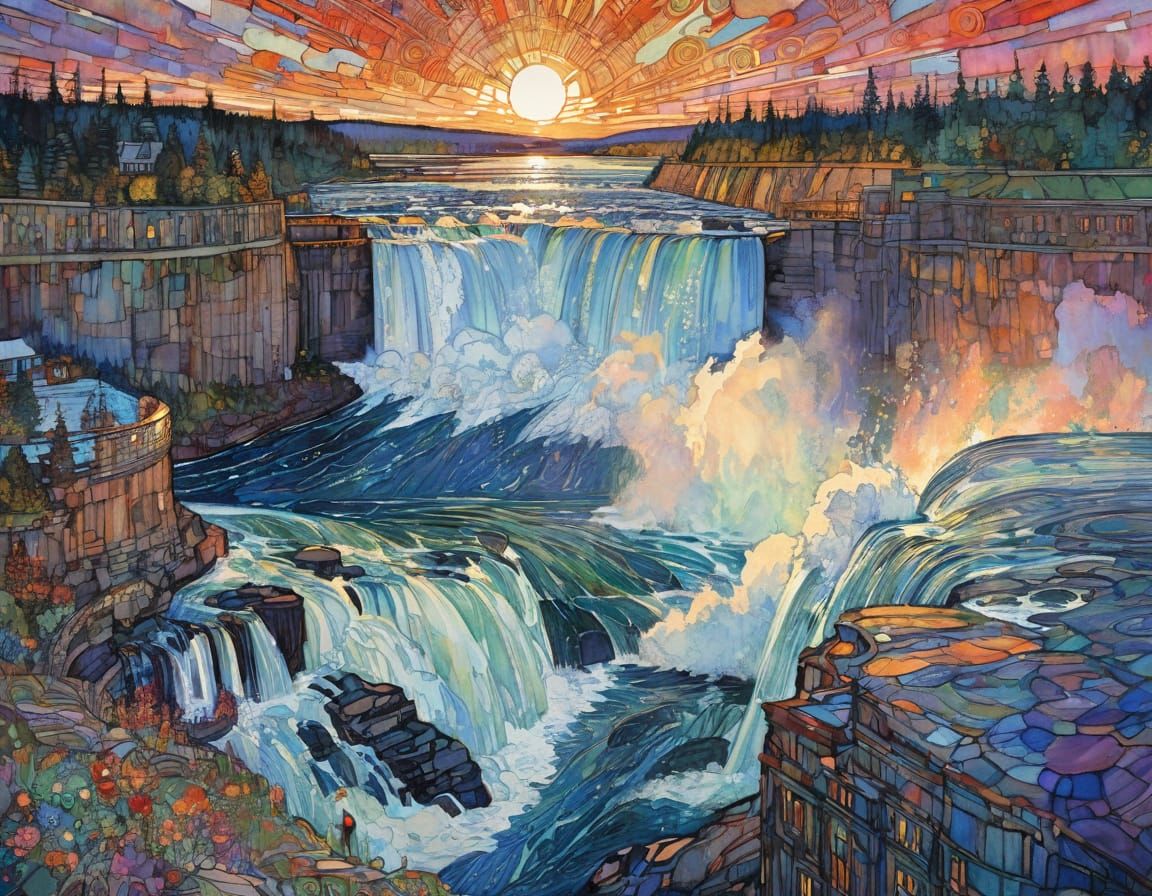 Niagra Falls Sunset in Art Nouveau Style