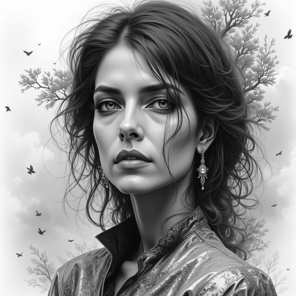 Noir Fantasy Double Exposure in Watercolor Style