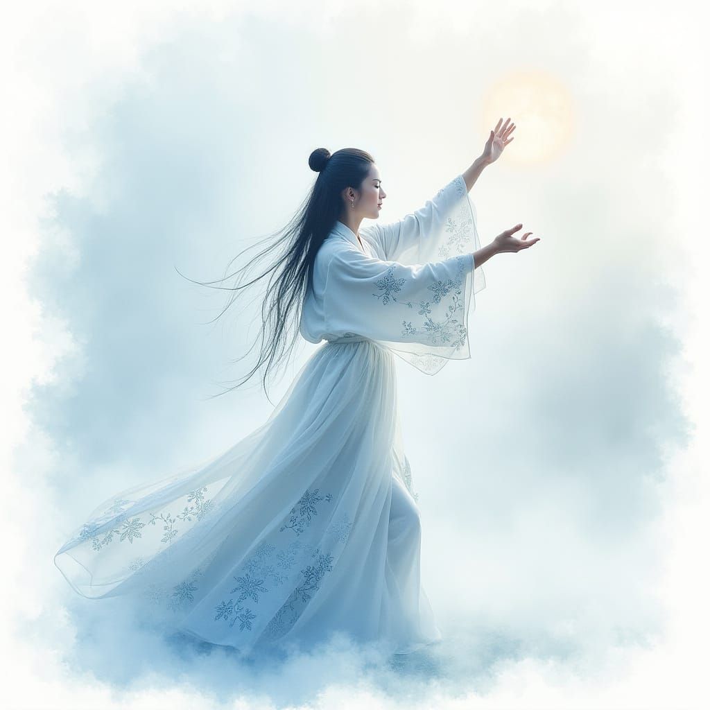 Ethereal Tai Chi Practitioner in Dreamy Blue Watercolor