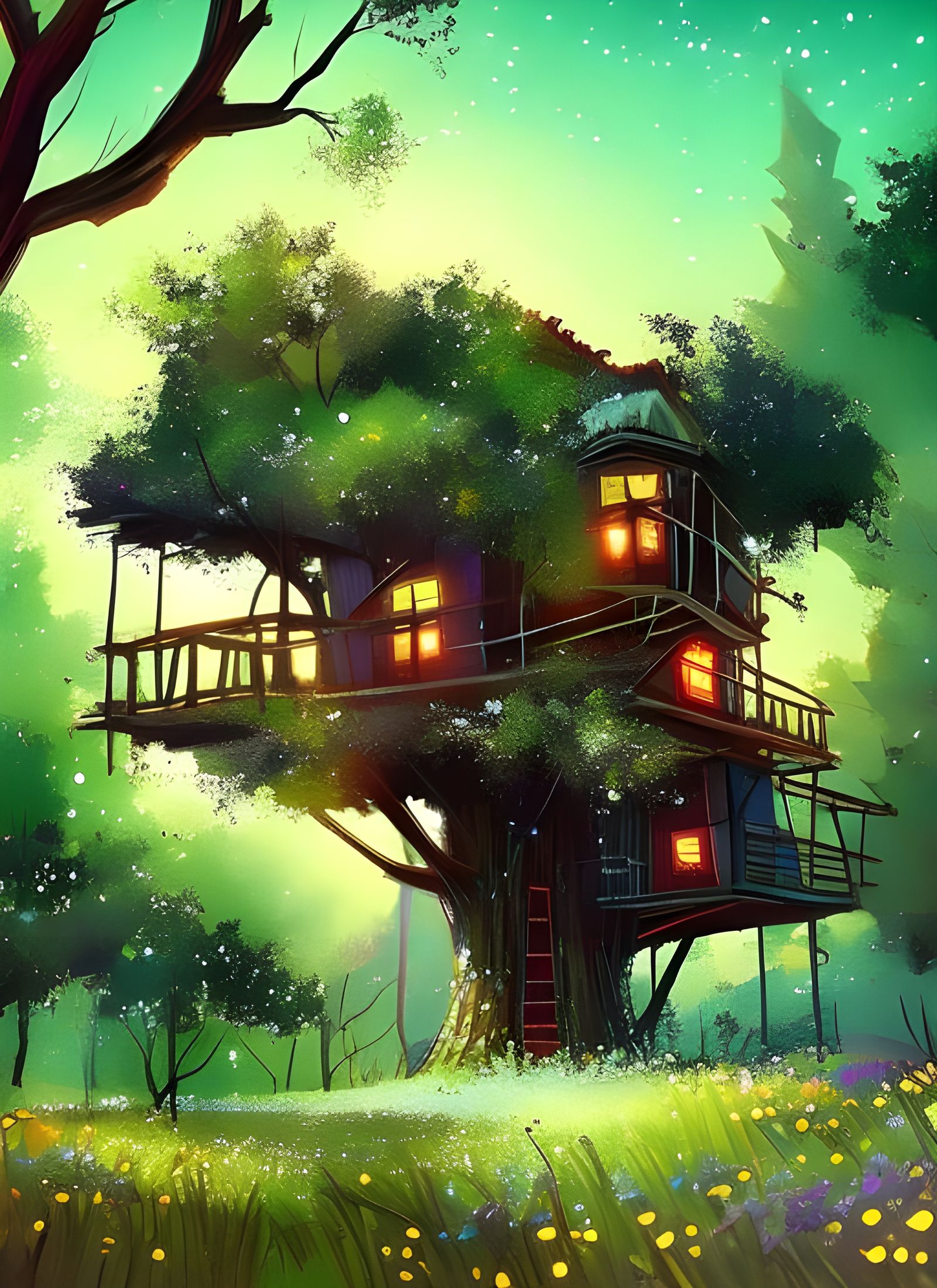 Magical Star Treehouse at Night: Digital Art