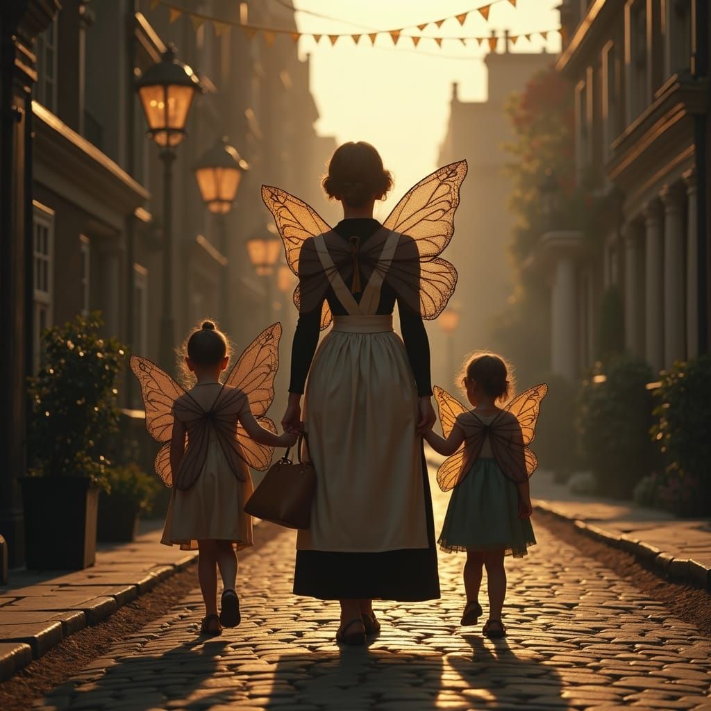Matronly Fairy Woman and Children on Cobblestone Street