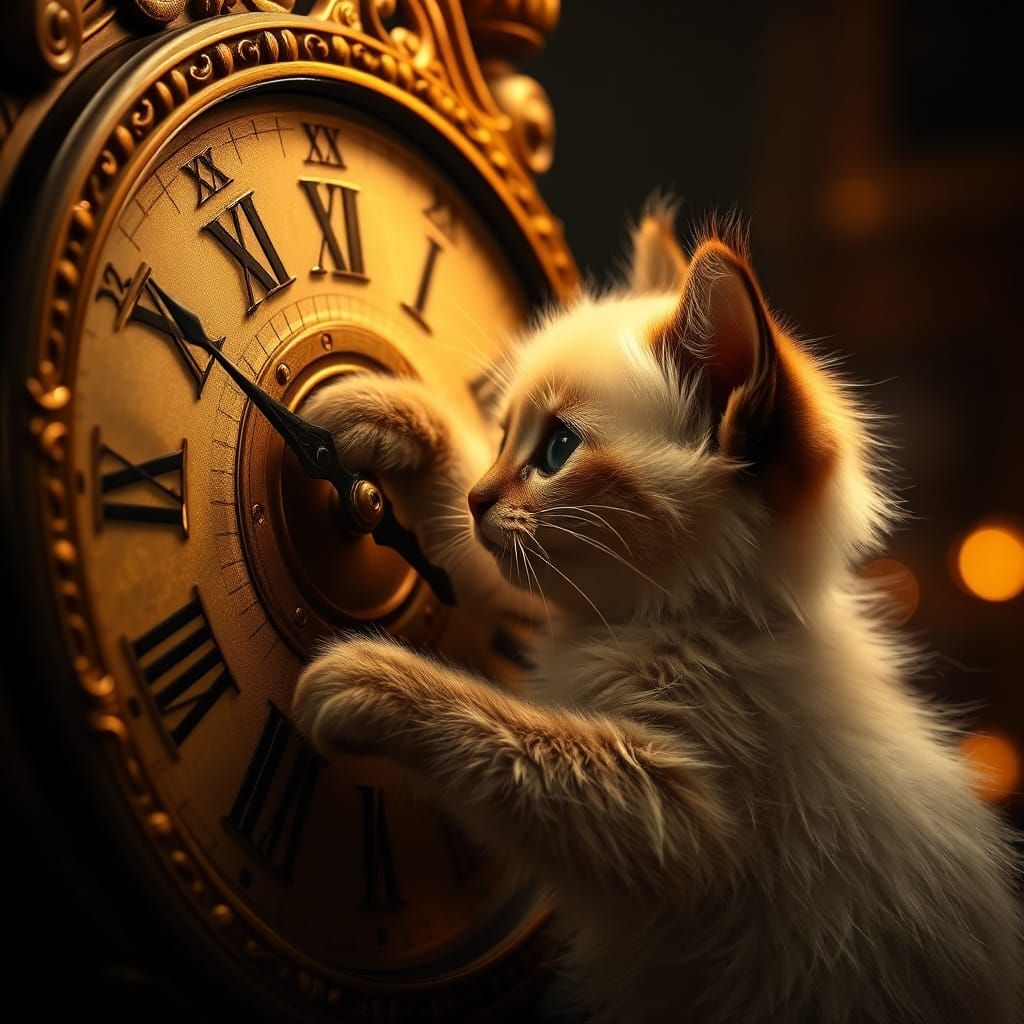 Siamese Kitten Plays With Ornate Clock