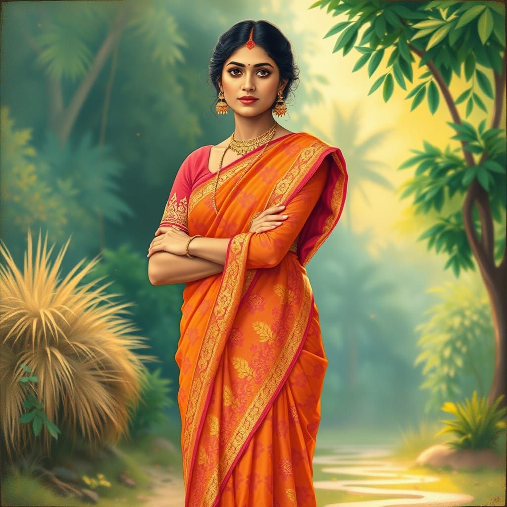 Ethereal Indian Folk Art Saree Maiden in Vibrant Orange and...