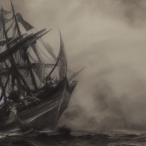 Sirens Encircle Pirate Ship: Horror Charcoal Drawing