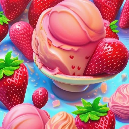 Whimsical Strawberry Ice Cream in Candy Art Style