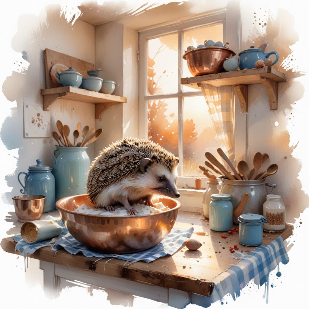 Hedgehog Baker in Rustic Kitchen, Watercolour Art